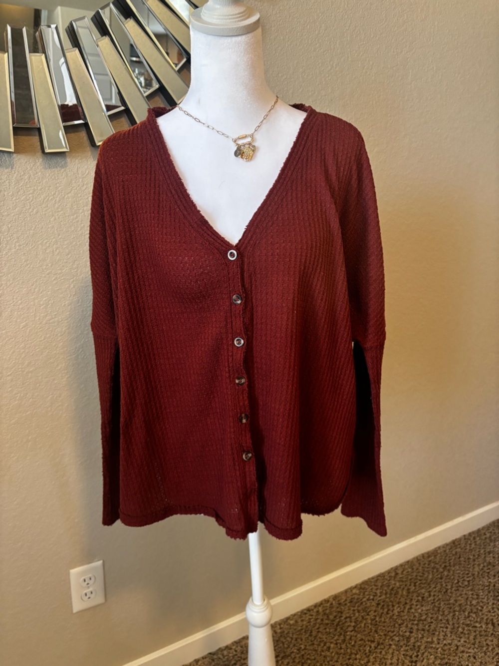 Urban Outfitters Waffle Knit Button-Front Long Sleeve Top in Rust